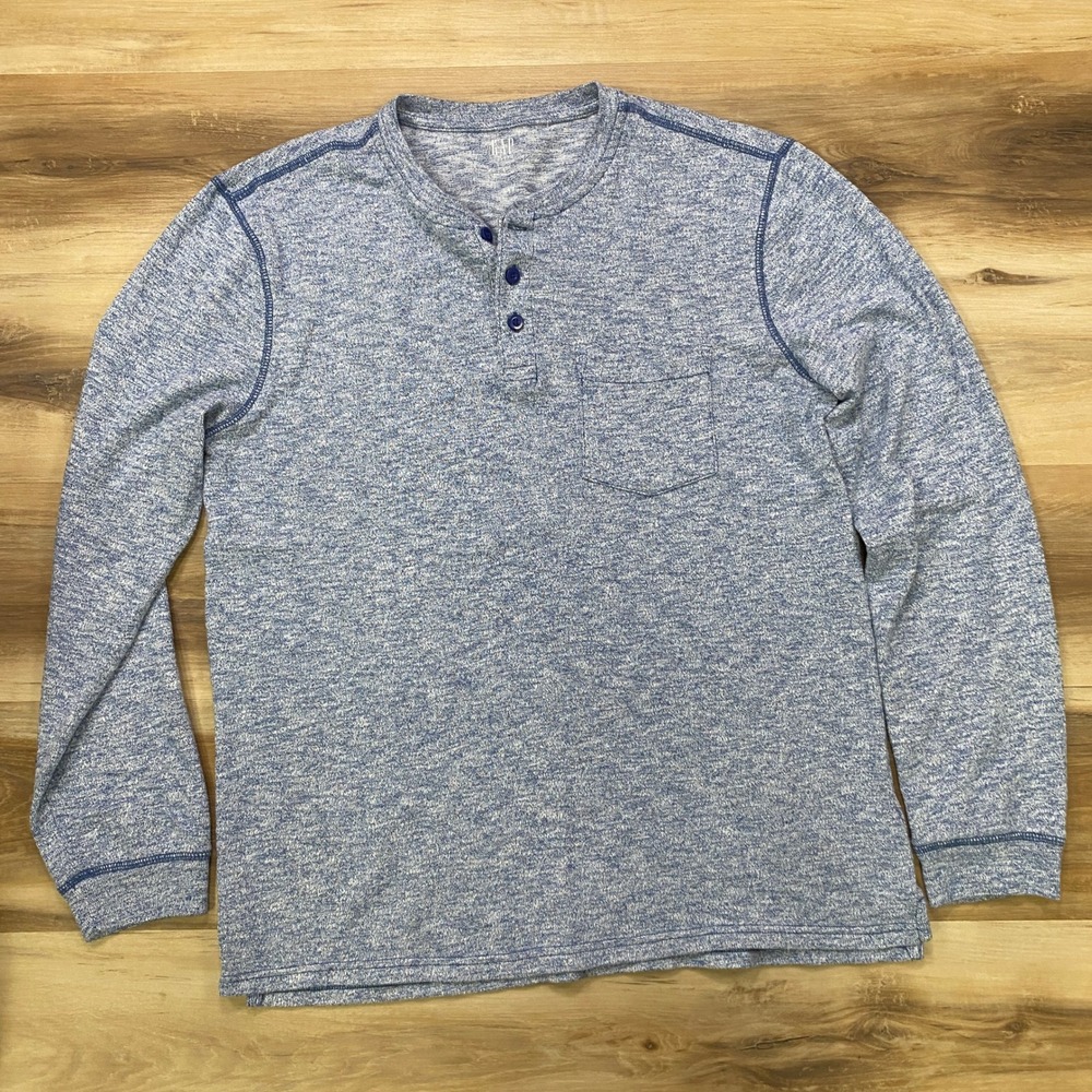 Gap Henley Shirt Large L Long Sleeve Marl Knit Cotton Blend Blue Regular Fit